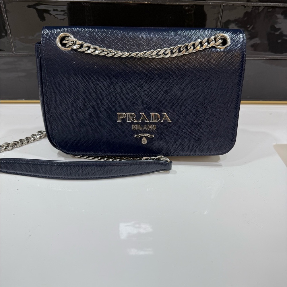 Prada Navy Blue Crossbody Bag with Silver Chain
